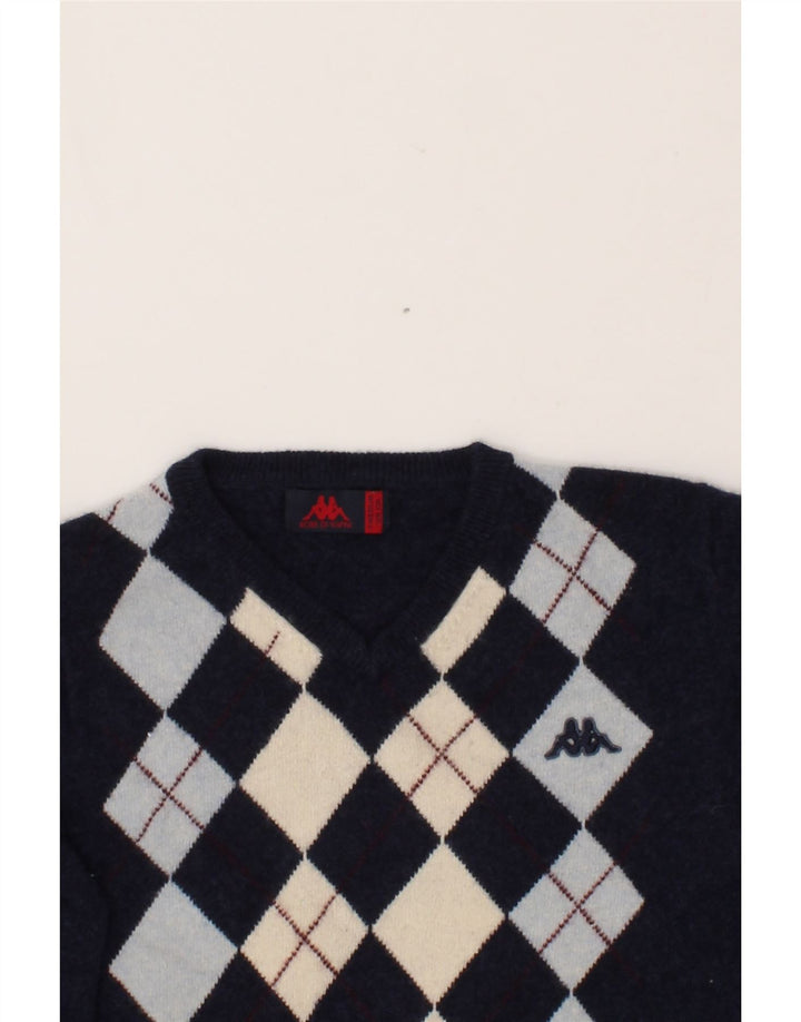 KAPPA Boys V-Neck Jumper Sweater 7-8 Years Medium Navy Blue Argyle/Diamond Vintage Kappa and Second-Hand Kappa from Messina Hembry 