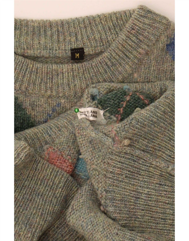 Vintage Herren-Pullover mit Rundhalsausschnitt, Mittelgrün, Argyle/Diamant-Wolle