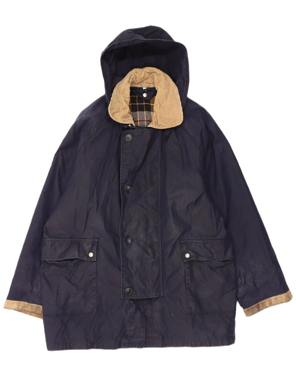 Vintage Mens Hooded Loose Fit Waxed Jacket UK 38 Medium Navy Blue Cotton