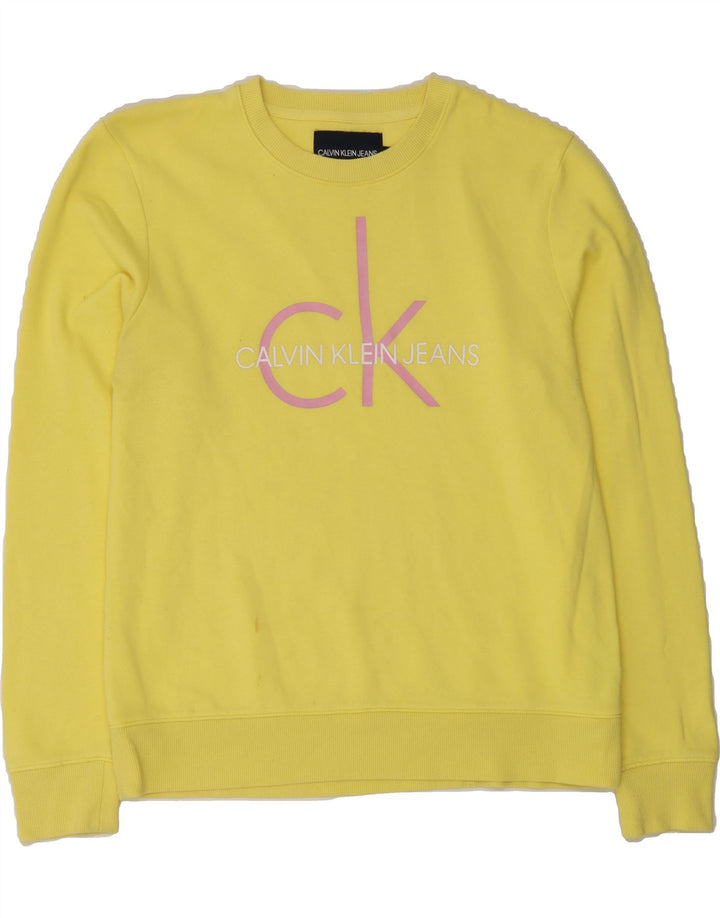 CALVIN KLEIN JEANS Womens Graphic Sweatshirt Jumper UK 14 Medium Yellow Vintage Calvin Klein Jeans and Second-Hand Calvin Klein Jeans from Messina Hembry 