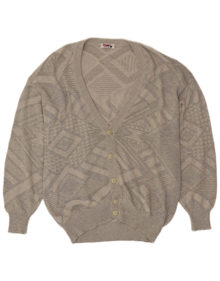 VINTAGE Herren Cardigan Pullover Große graue geometrische Baumwolle