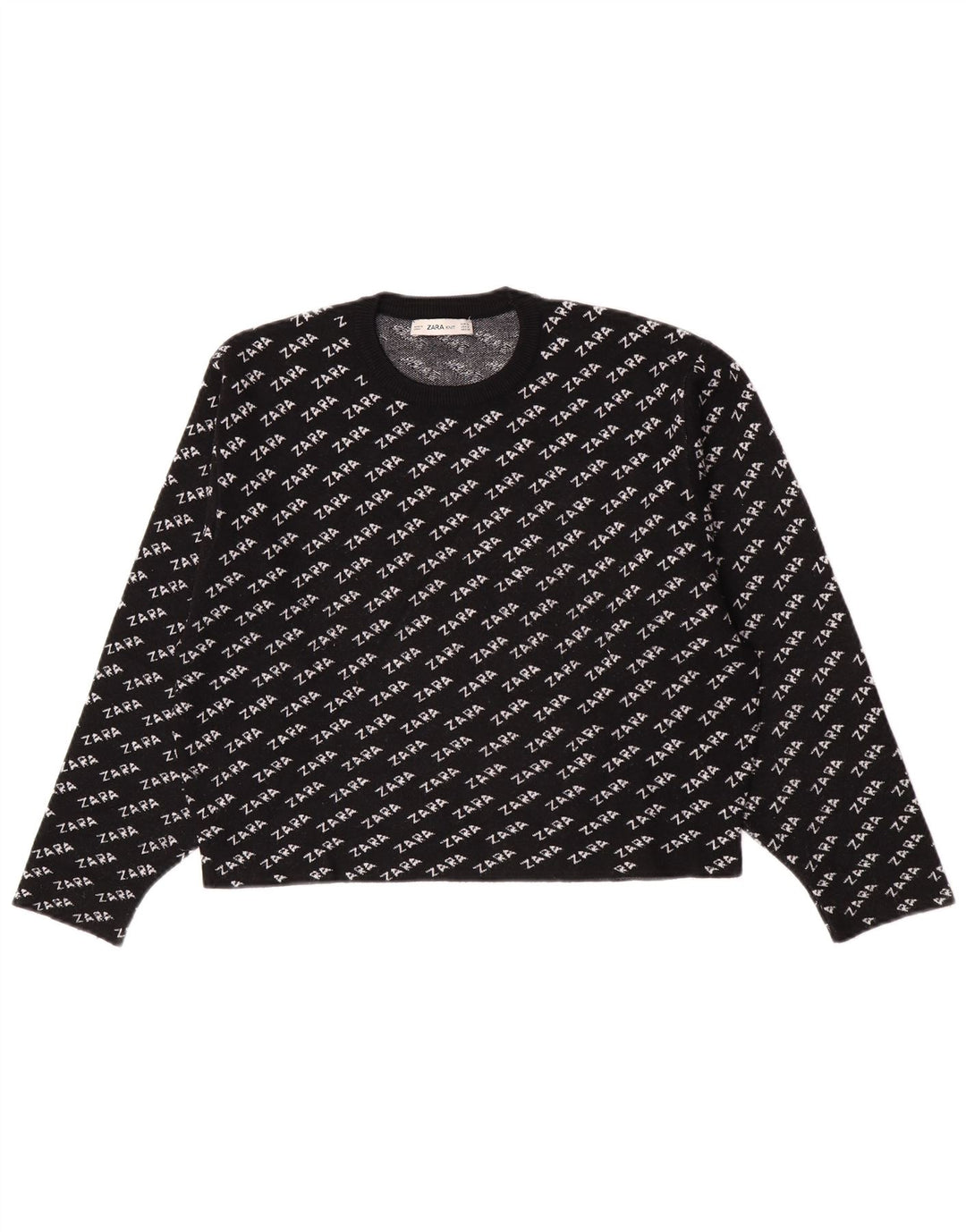 Zara Damen-Pullover mit grafischem Rundhalsausschnitt, Gr. 14, mittelschwarz
