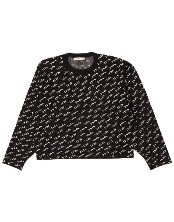 Zara Damen-Pullover mit grafischem Rundhalsausschnitt, Gr. 14, mittelschwarz
