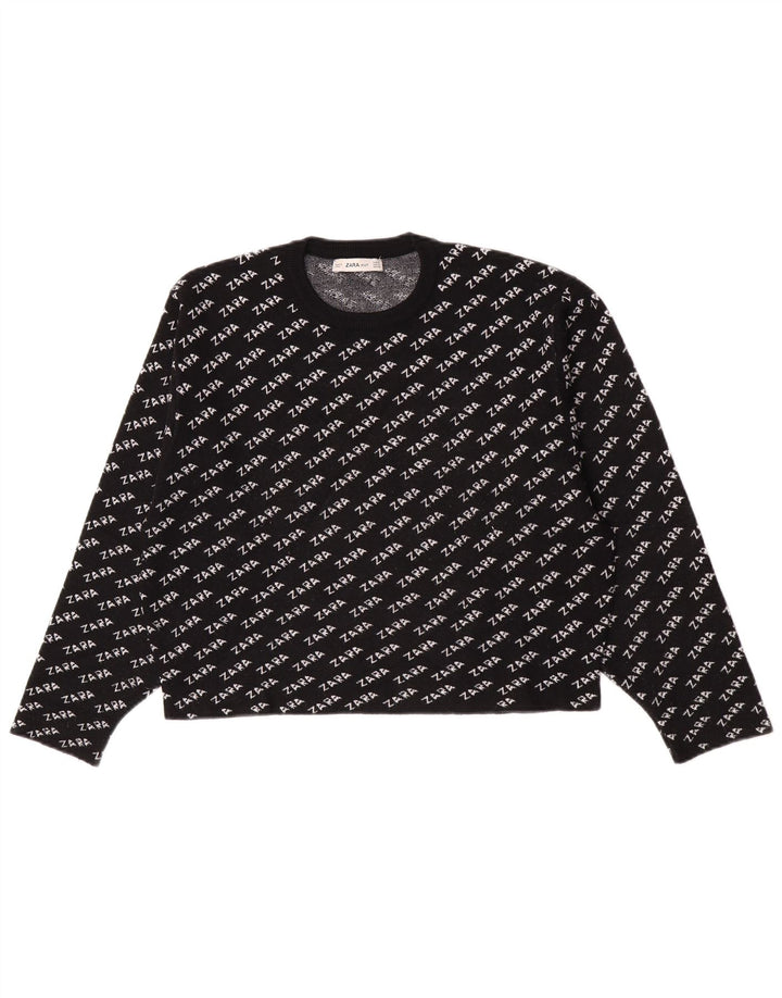 Zara Damen-Pullover mit grafischem Rundhalsausschnitt, Gr. 14, mittelschwarz