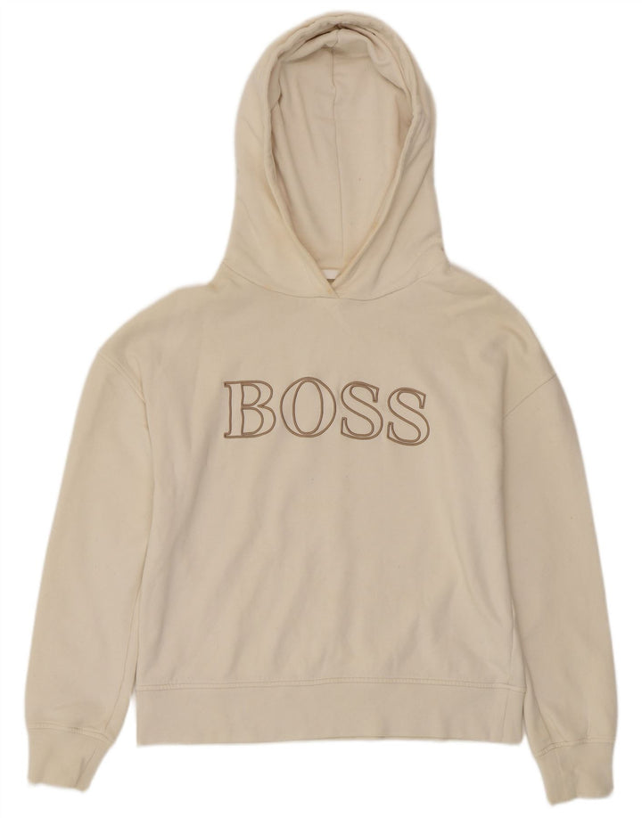 HUGO BOSS Damen-Kapuzenpullover mit Grafik, übergroß, Gr. 10, Größe S, gebrochenes Weiß