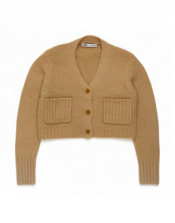Zara Damen Crop Cardigan Pullover UK 10 Small Beige Polyester