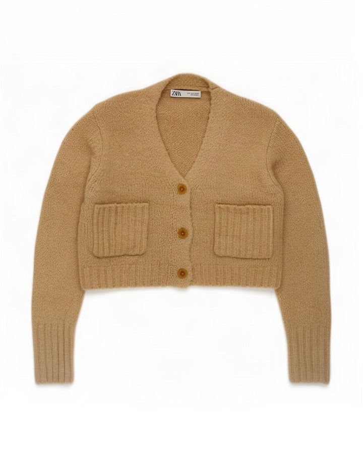 Zara Damen Crop Cardigan Pullover UK 10 Small Beige Polyester