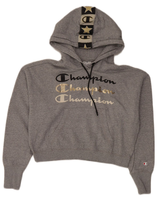 Champion Womens Graphic Crop Hoodie Pullover UK 14 Mittelgraue Baumwolle