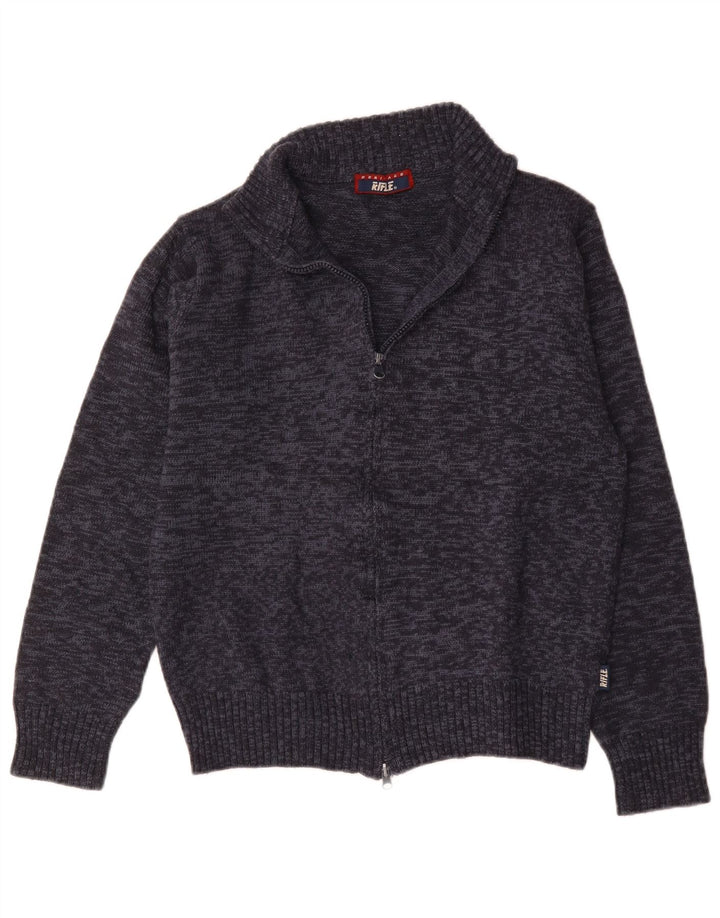 Rifle Herren-Cardigan-Pullover aus mittelblauer, gesprenkelter Wolle