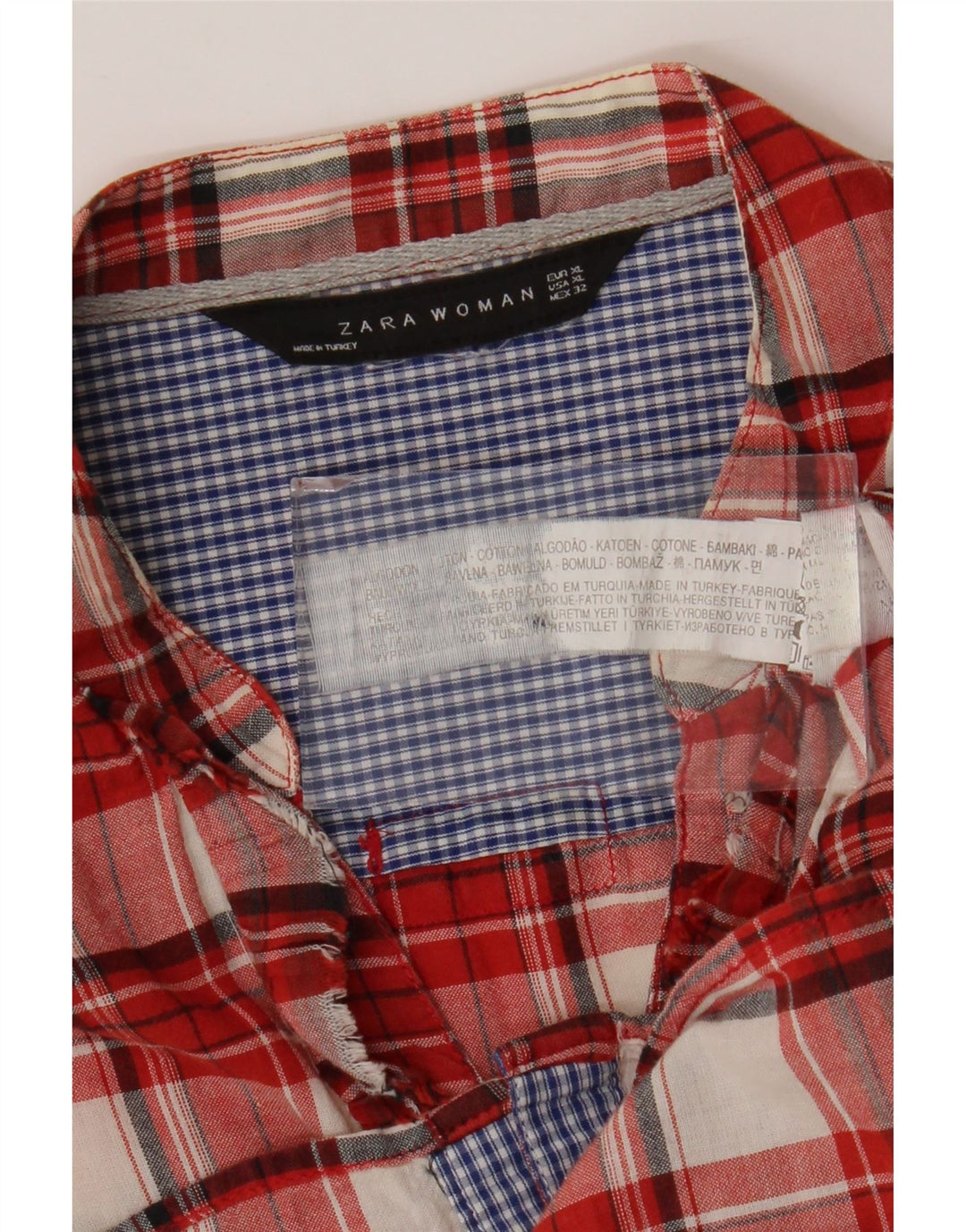 Zara Damen-Hemd mit Rüschen vorne, UK 18, XL, rot kariert, Baumwolle