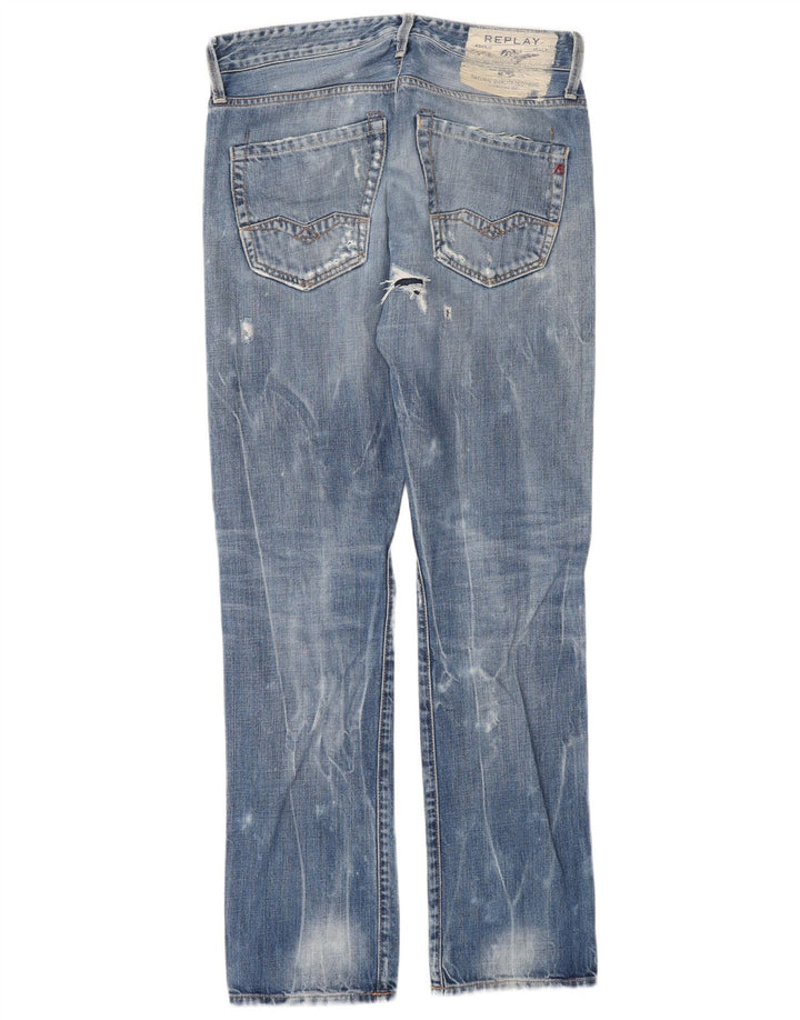 Replay Herren Waitom Distressed Straight Jeans W30 L32 Blaue Baumwolle
