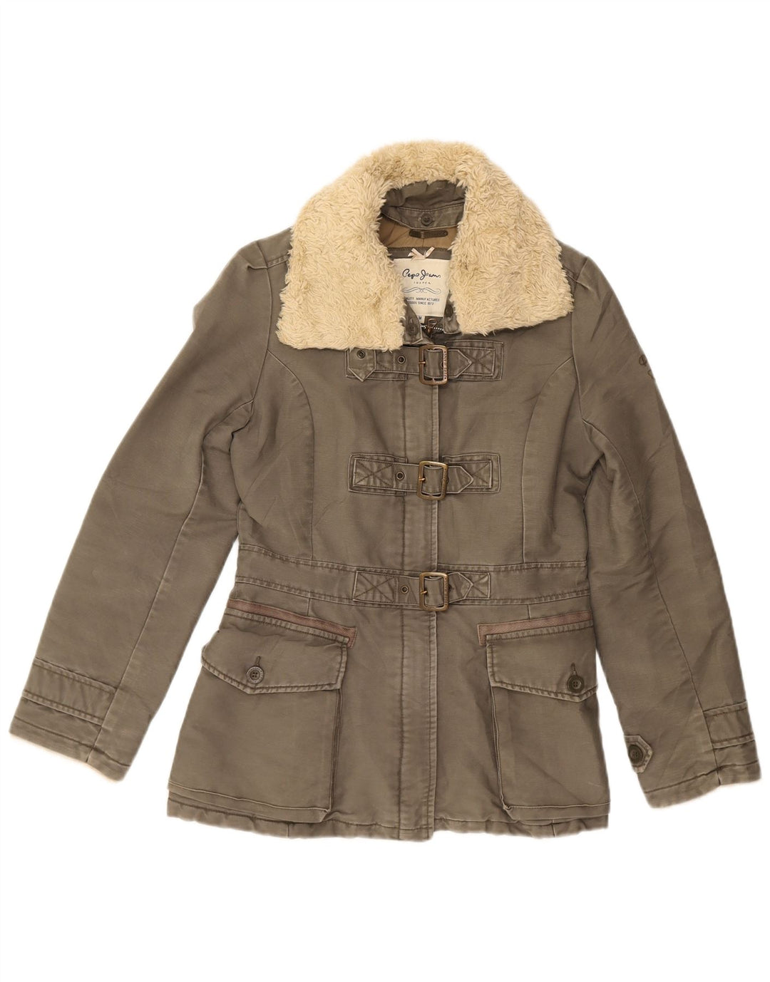 PEPE JEANS Womens Parka Jacket UK 12 Medium Khaki Cotton
