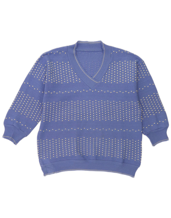Vintage Damen V-Ausschnitt Pullover Pullover UK 14 Groß Blau gestreift