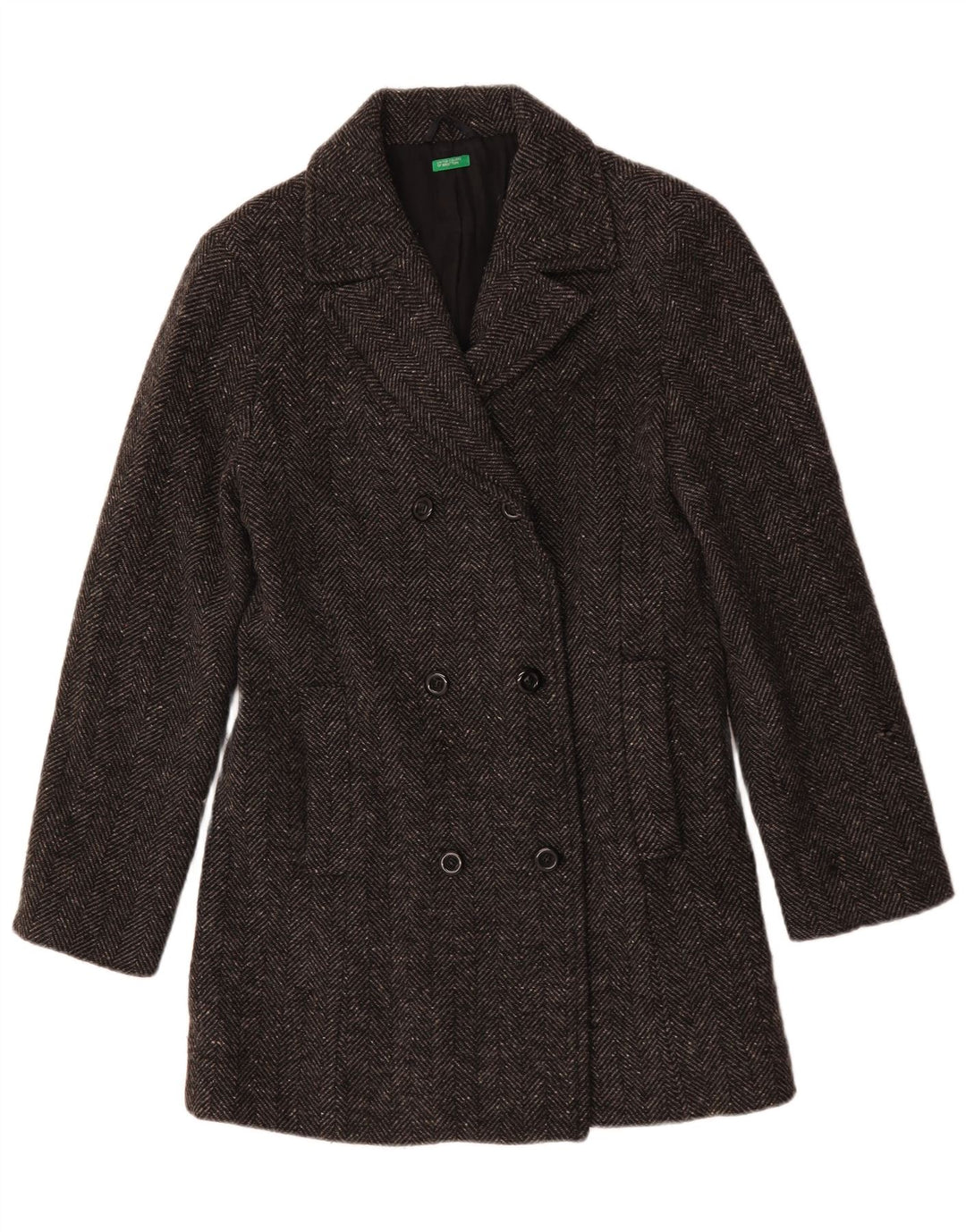 Benetton Damen Pea Coat UK 14 Mittelgraues Fischgrätenmuster