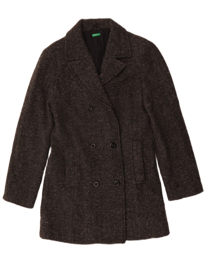 Benetton Damen Pea Coat UK 14 Mittelgraues Fischgrätenmuster