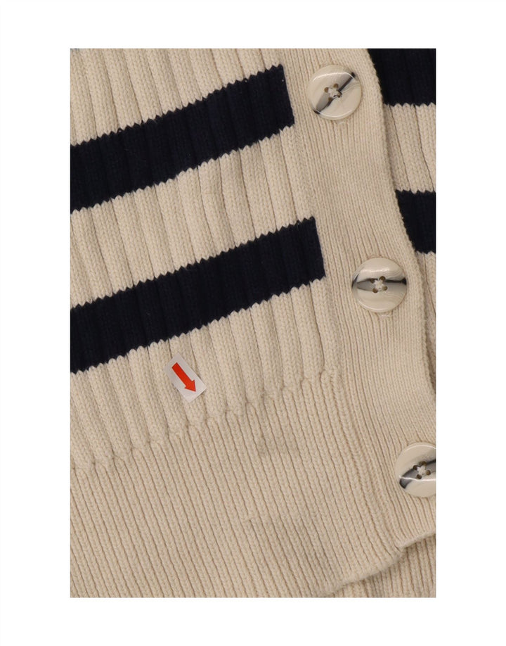 MARKS & SPENCER Womens Cardigan Sweater UK 14 Medium Beige Striped Cotton Vintage Marks & Spencer and Second-Hand Marks & Spencer from Messina Hembry 