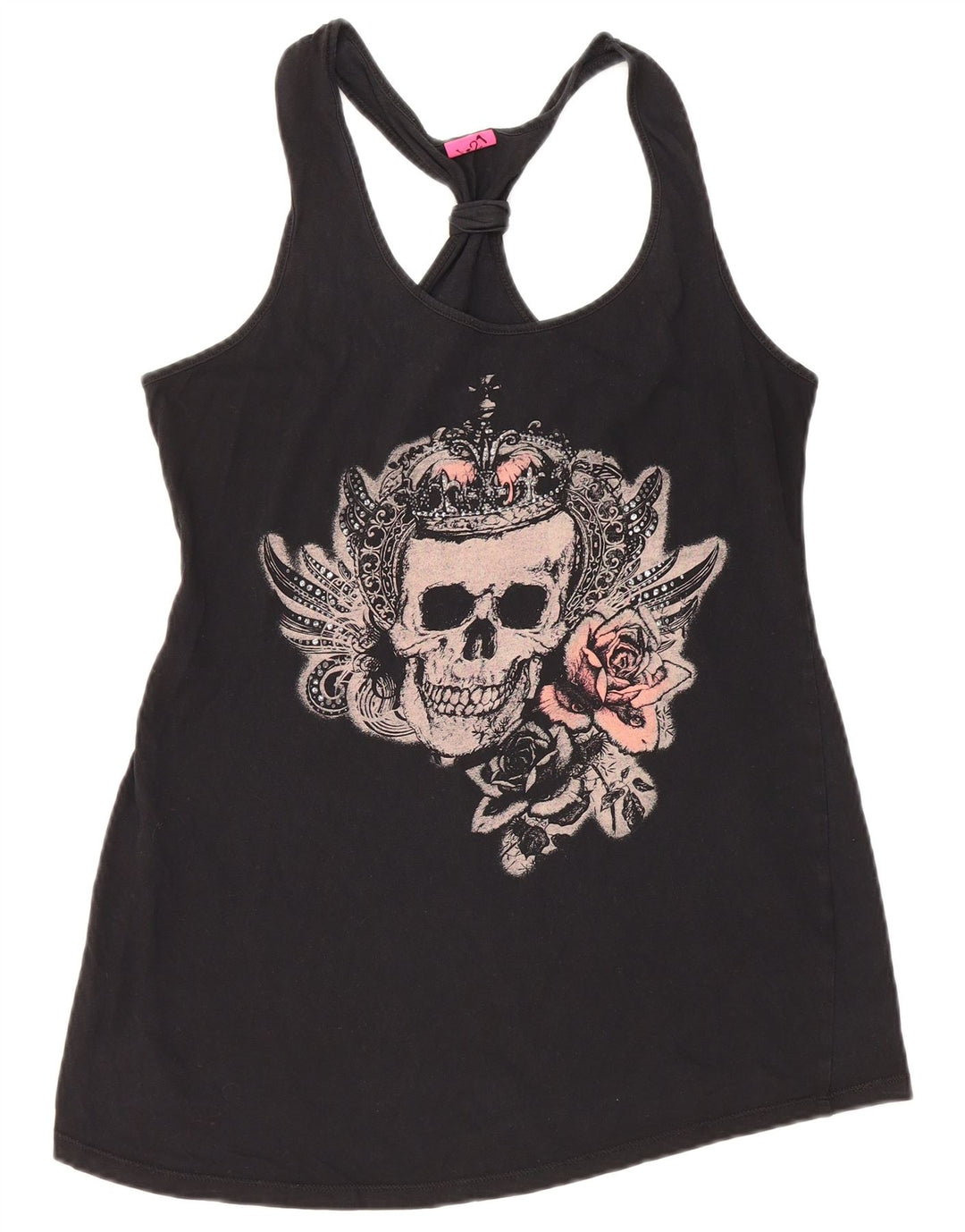 VINTAGE Damen Grafik-Weste-Top UK 12 Mittelschwarze Baumwolle