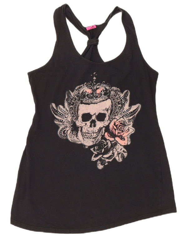 VINTAGE Damen Grafik-Weste-Top UK 12 Mittelschwarze Baumwolle