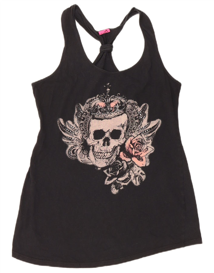 VINTAGE Damen Grafik-Weste-Top UK 12 Mittelschwarze Baumwolle