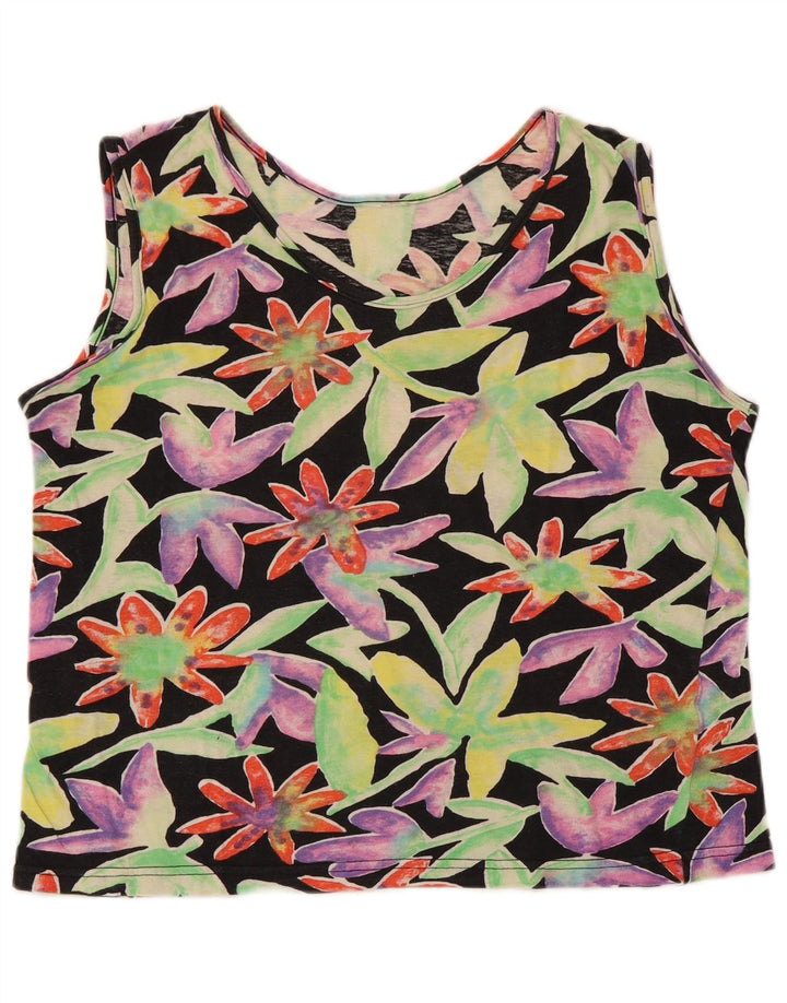 VINTAGE Damen Crop Vest Top UK 12 Mittelschwarz geblümt