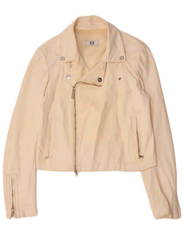 Iceberg Damen Leder Bikerjacke UK 14 Medium Off White Leder