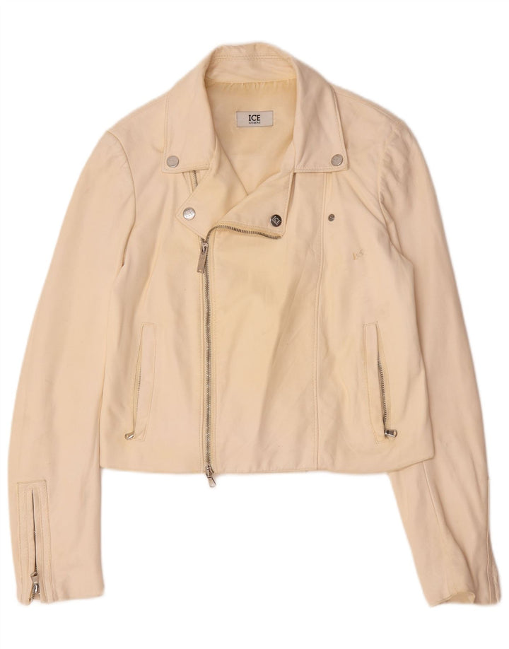 Iceberg Damen Leder Bikerjacke UK 14 Medium Off White Leder