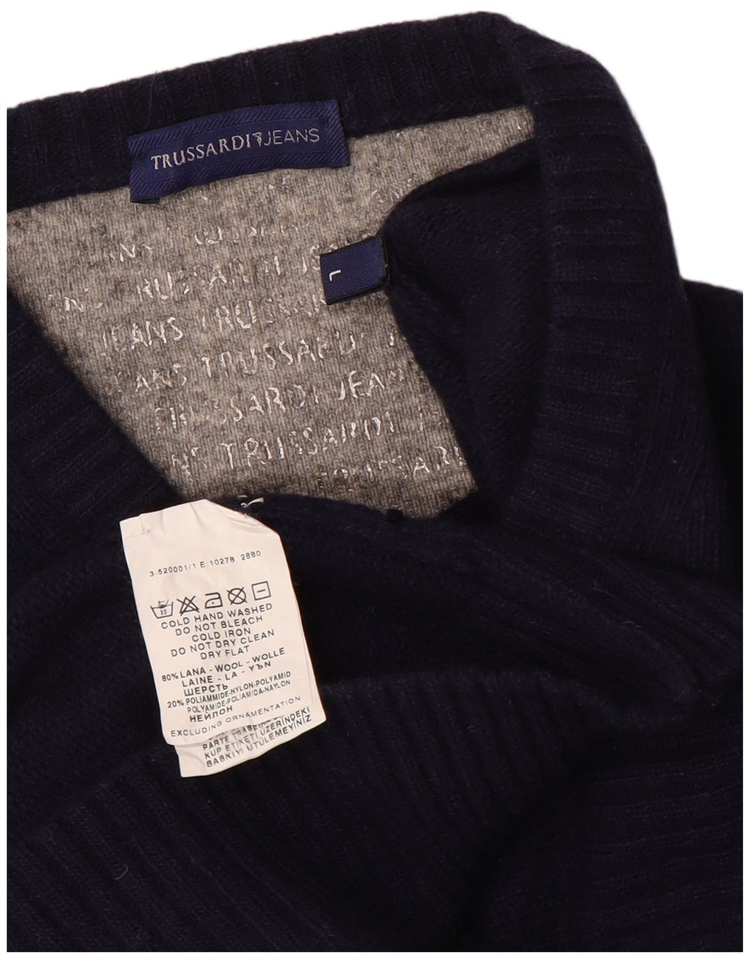 Trussardi Jeans Herren-Pullover mit V-Ausschnitt, groß, marineblaue Wolle