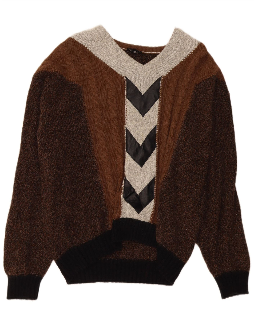VINTAGE Herren-Pullover mit V-Ausschnitt, groß, braun, Farbblock