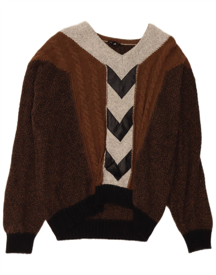 VINTAGE Herren-Pullover mit V-Ausschnitt, groß, braun, Farbblock