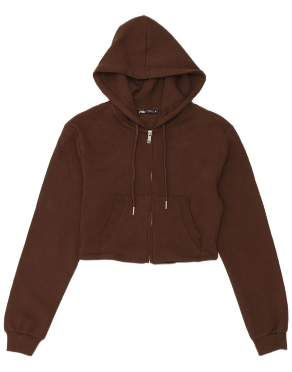 Zara Damen Crop Zip Hoodie Pullover UK 12 Mittelbraune Baumwolle