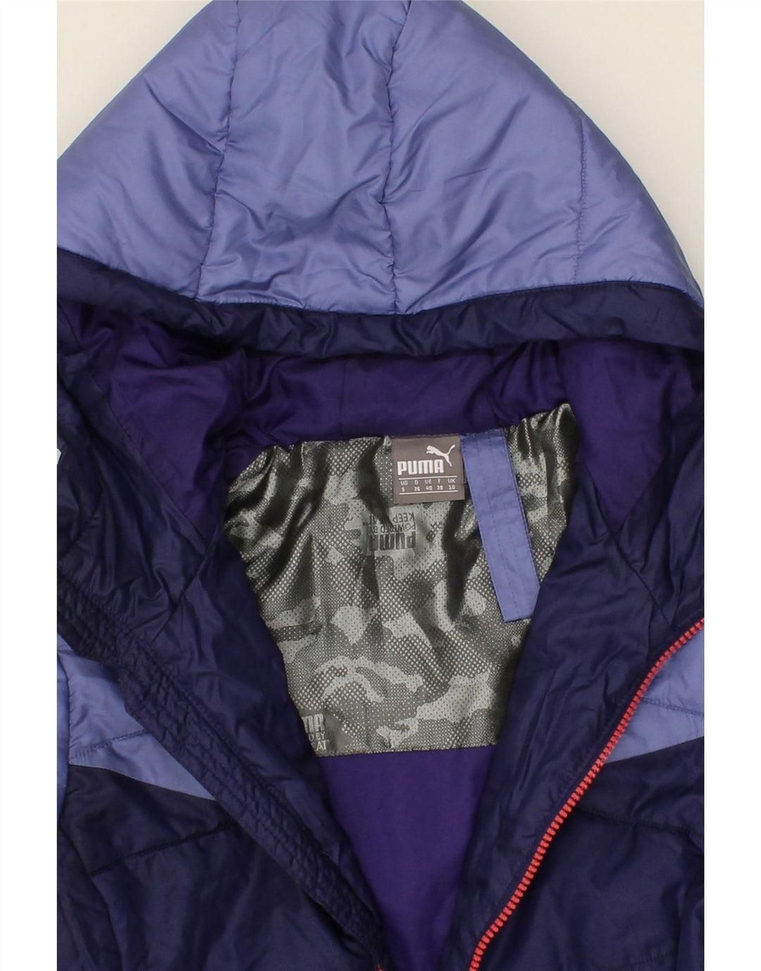 PUMA Womens Hooded Padded Jacket UK 10 Small  Navy Blue Colourblock Vintage Puma and Second-Hand Puma from Messina Hembry 