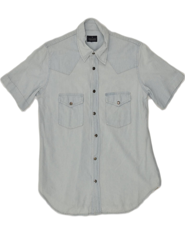 TRUSSARDI Mens Short Sleeve Shirt Small Beige Cotton | Vintage Trussardi | Thrift | Second-Hand Trussardi | Used Clothing | Messina Hembry 