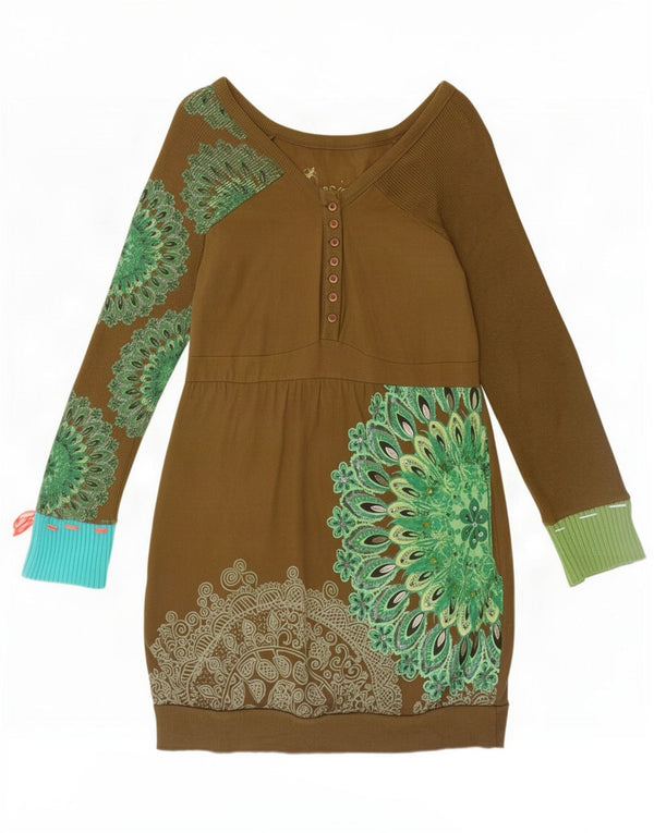 Desigual Damen Langarm-Etuikleid UK 18 XL Khaki Floral Cotton