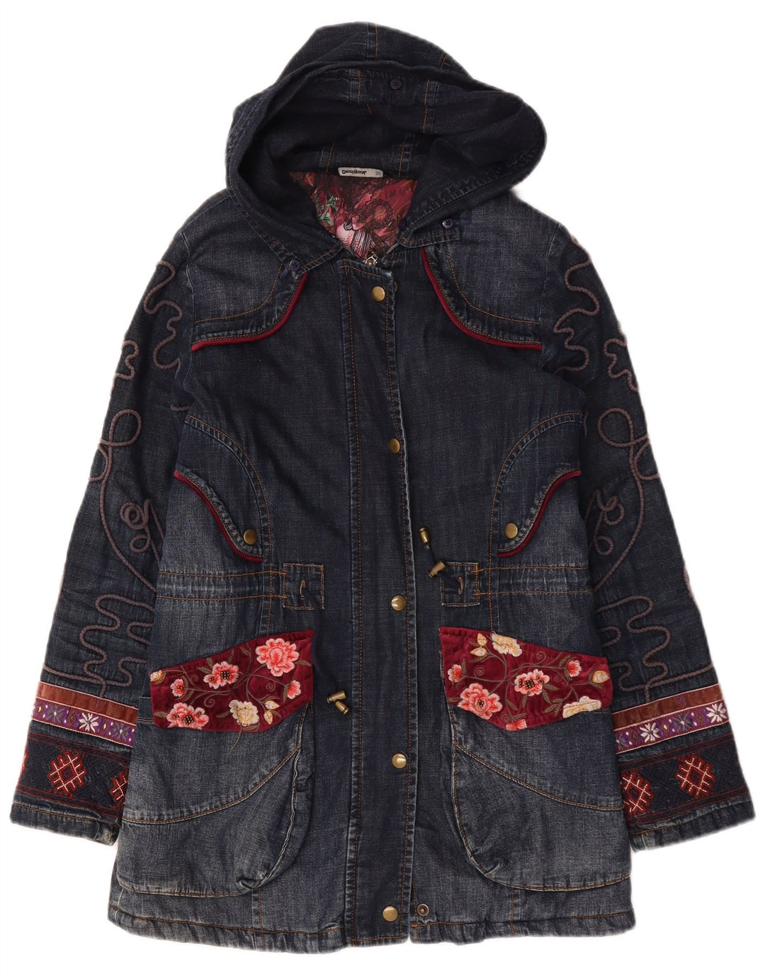 Desigual Damen Übergroßer grafischer Jeansmantel EU 36 Kleines Marineblau mit Blumenmuster
