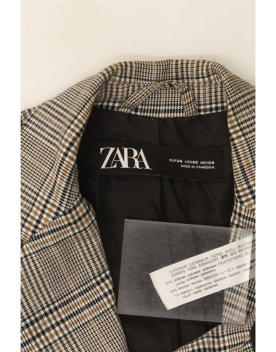 Zara Damen 1-Knopf-Blazerjacke EU 34 2XS grau kariertes Polyester