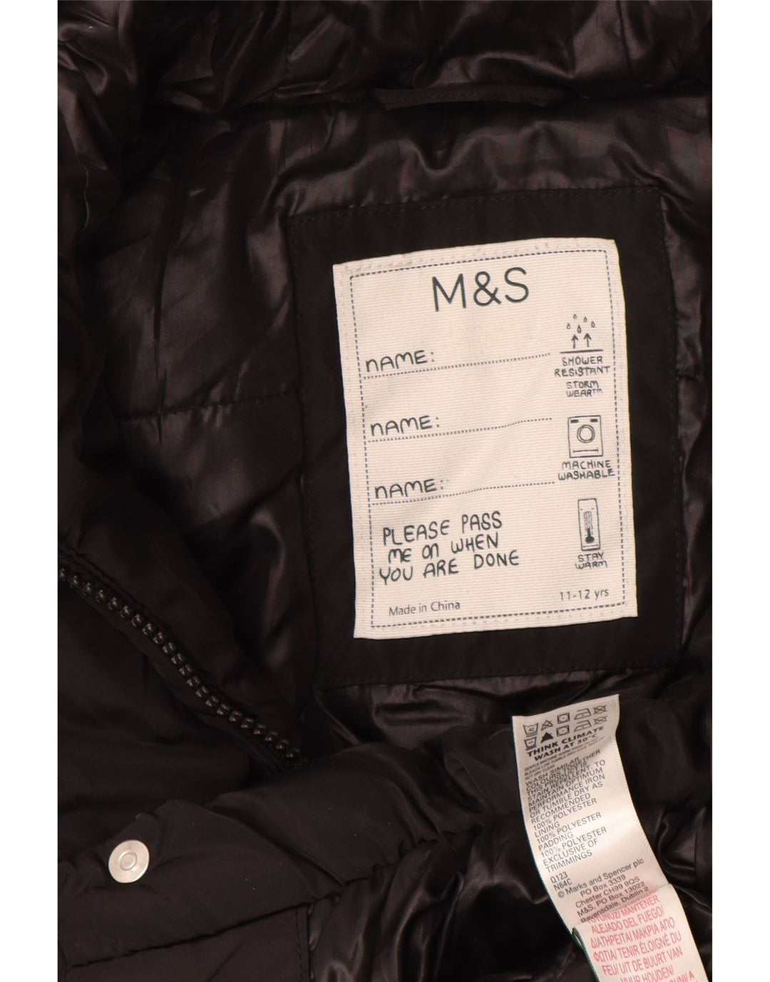 Marks & Spencer Wattierter Mantel für Mädchen mit Kapuze, 11–12 Jahre, schwarzes Polyester