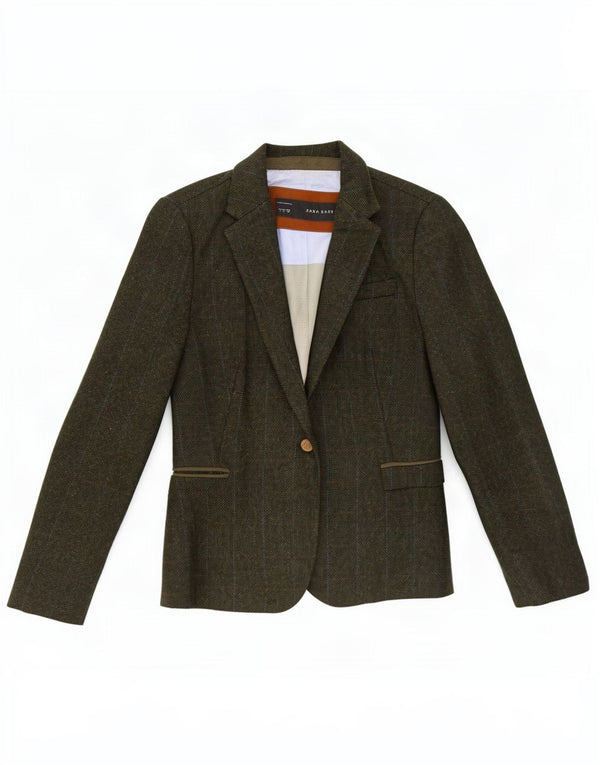 Zara Womens 1 Button Blazer Jacket UK 14 Large Green Check