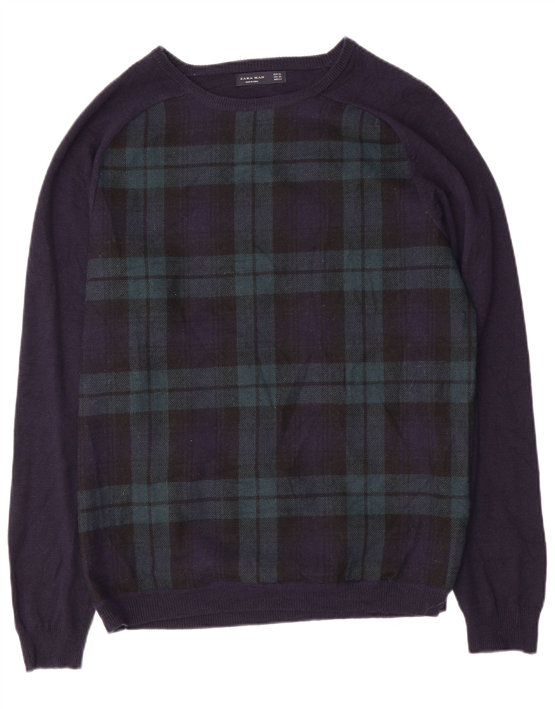 ZARA Herren-Pullover mit U-Boot-Ausschnitt, XL, Marineblau kariert