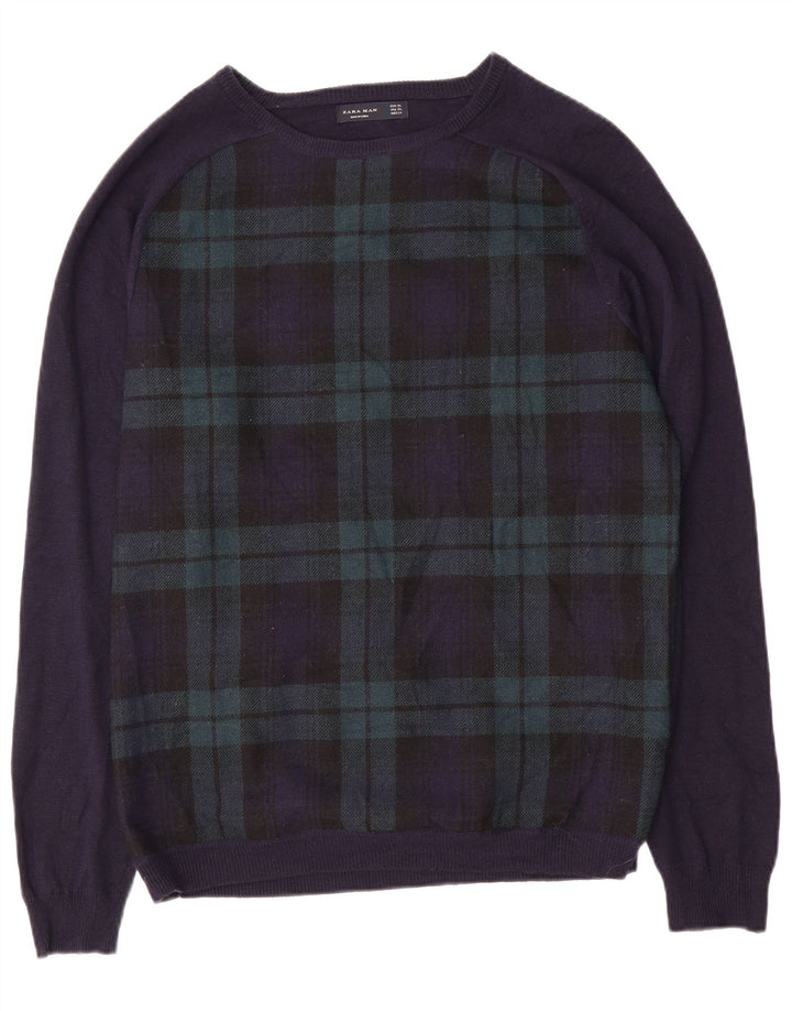 ZARA Herren-Pullover mit U-Boot-Ausschnitt, XL, Marineblau kariert