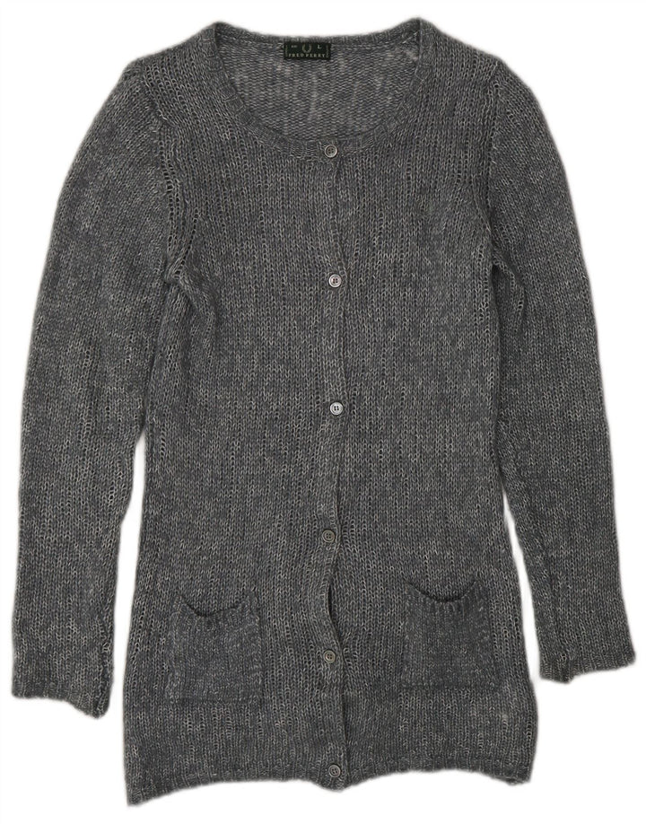 Fred Perry Damen-Cardigan-Pullover UK 14 Große grau gefleckte Viskose