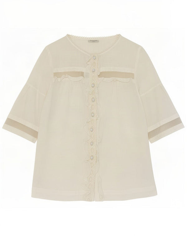 Massimo Dutti Damen Kurzarm-Hemdbluse EU 40 Medium Off White Ramie