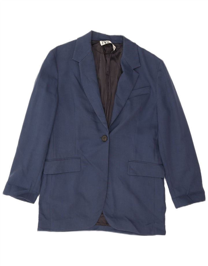 Zara Damen 1-Knopf-Blazerjacke UK 14 Mittelmarineblaue Baumwolle