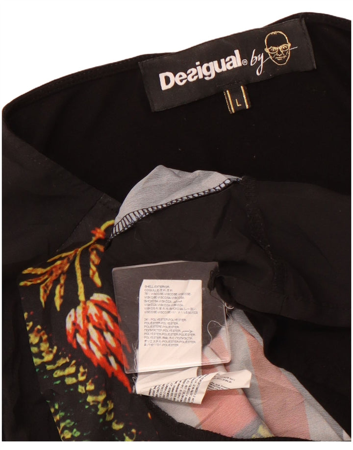 DESIGUAL Womens Graphic Top Langarm UK 14 Große schwarze Viskose mit Blumenmuster