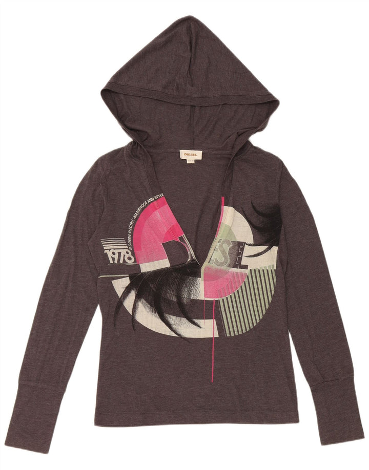 Diesel Womens Hooded Graphic Top Langarm UK 12 Mittelgrau