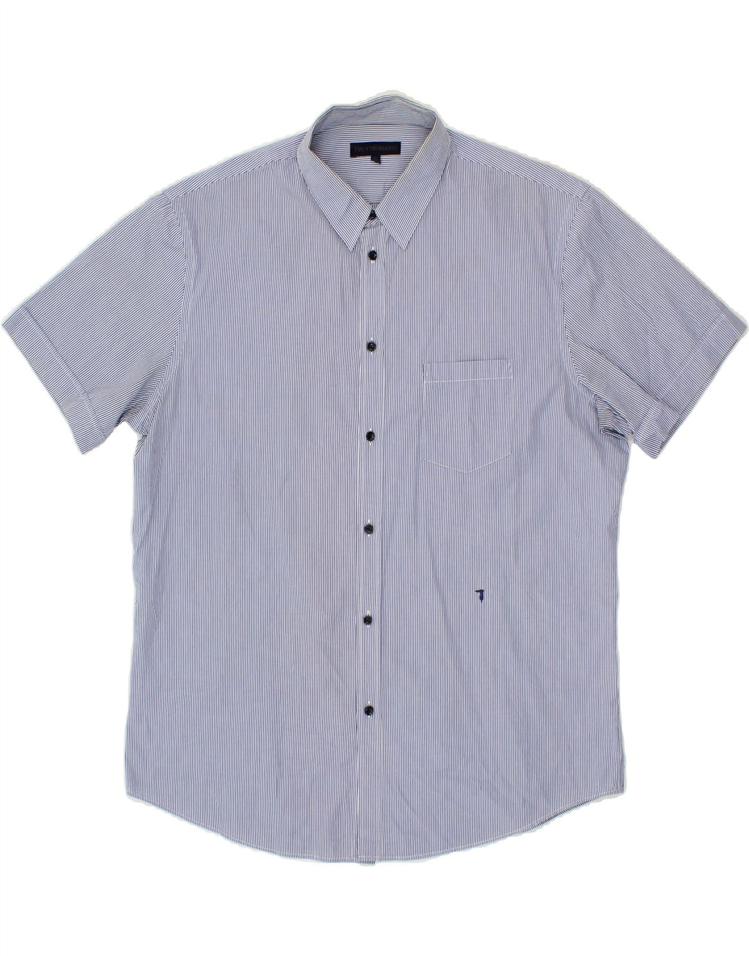 TRUSSARDI Mens Short Sleeve Shirt Size 43 Large Blue Pinstripe Vintage Trussardi and Second-Hand Trussardi from Messina Hembry 