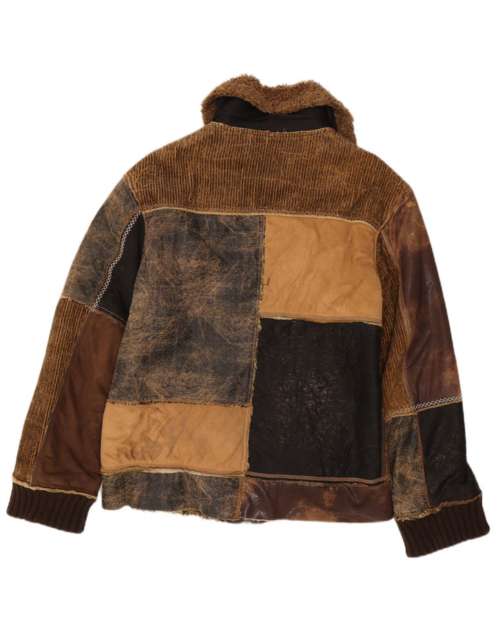 ENERGIE Herren-Sherpa-Jacke, UK 40, groß, braune Patchwork-Baumwolle