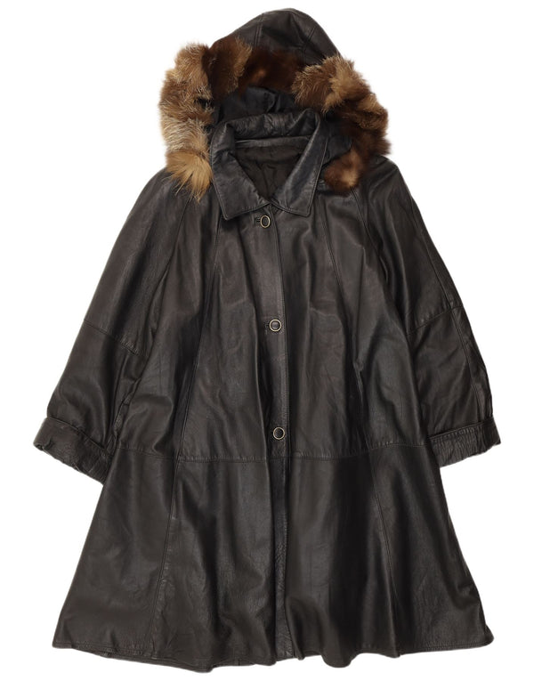 VINTAGE Damen-Ledermantel mit Kapuze, lockere Passform, UK 14, mittleres schwarzes Leder