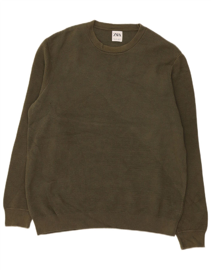 Zara Herren-Pullover mit Rundhalsausschnitt, groß, Khaki, Baumwolle