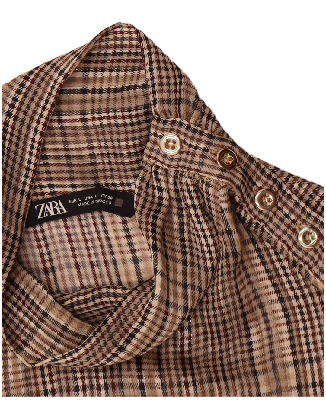 Zara Damen Pullover Langarm-Hemdbluse UK 16 Large Brown Check