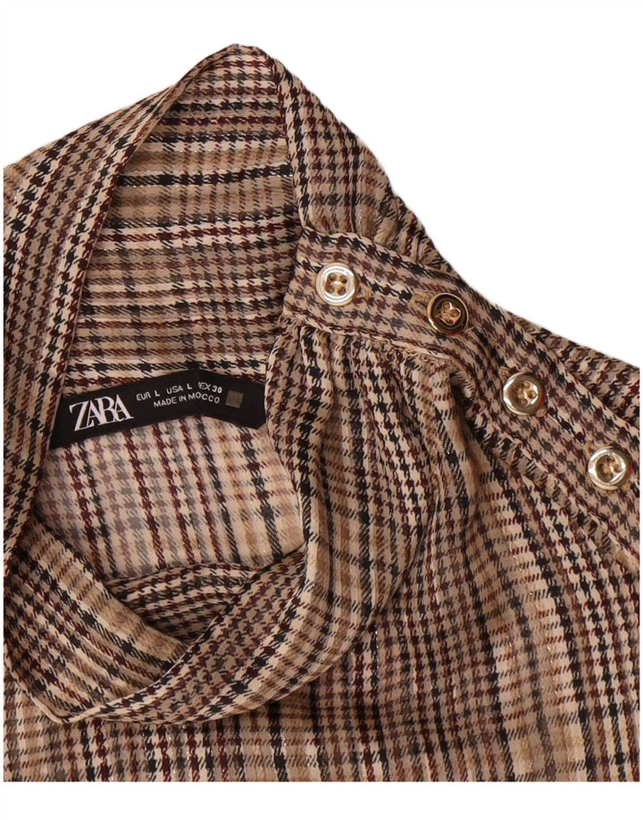 Zara Damen Pullover Langarm-Hemdbluse UK 16 Large Brown Check